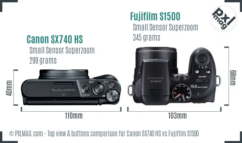 Canon SX740 HS vs Fujifilm S1500 top view buttons comparison