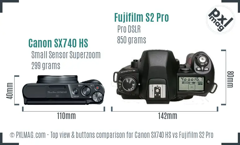 Canon SX740 HS vs Fujifilm S2 Pro top view buttons comparison