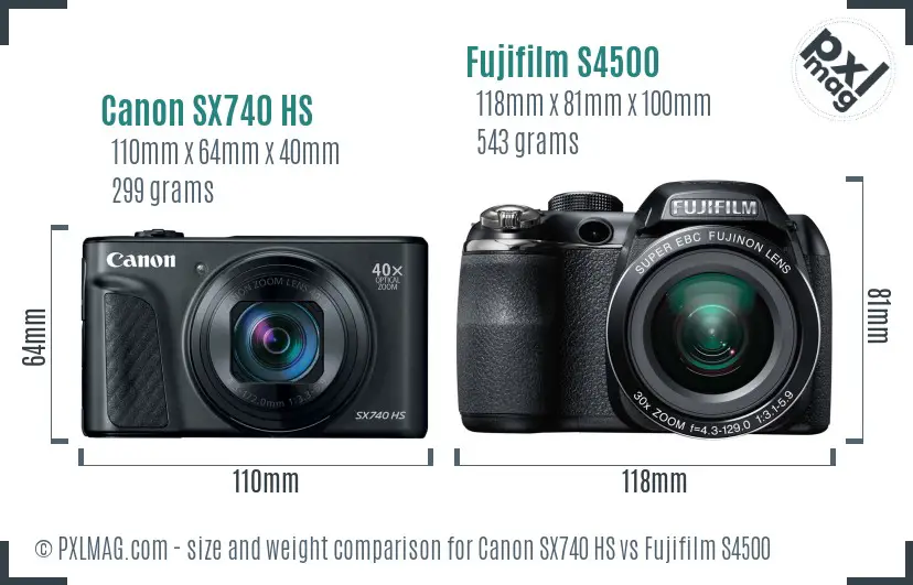 Canon SX740 HS vs Fujifilm S4500 size comparison
