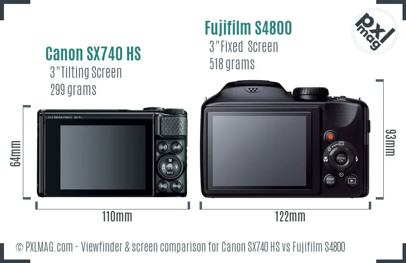 Canon SX740 HS vs Fujifilm S4800 Screen and Viewfinder comparison