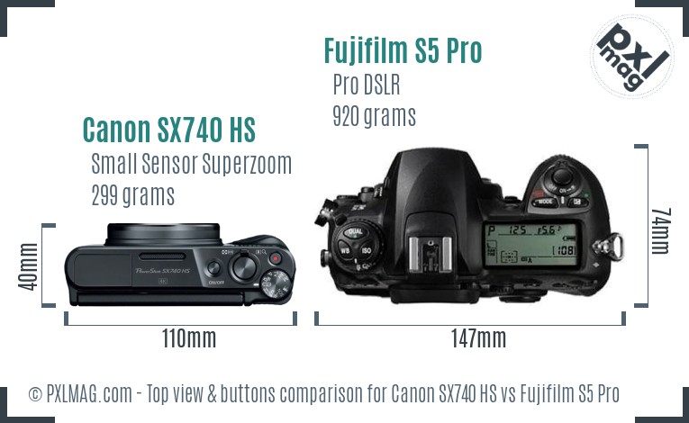 Canon SX740 HS vs Fujifilm S5 Pro top view buttons comparison