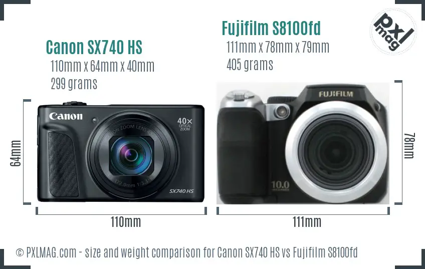 Canon SX740 HS vs Fujifilm S8100fd size comparison