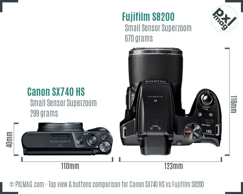 Canon SX740 HS vs Fujifilm S8200 top view buttons comparison