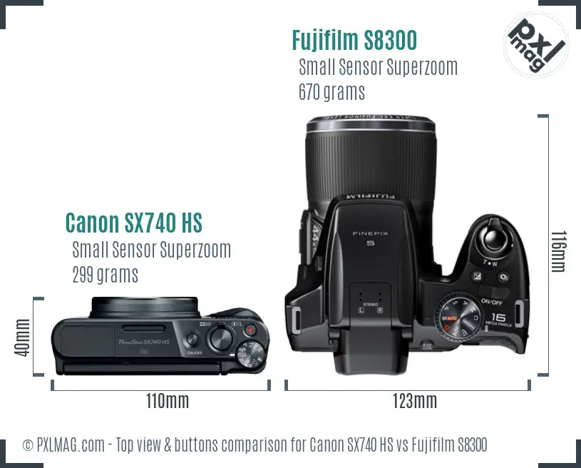 Canon SX740 HS vs Fujifilm S8300 top view buttons comparison