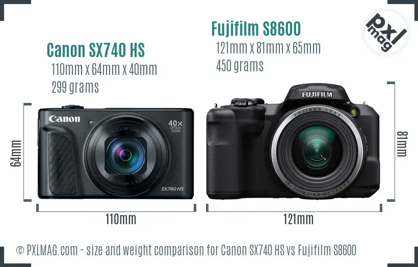 Canon SX740 HS vs Fujifilm S8600 size comparison