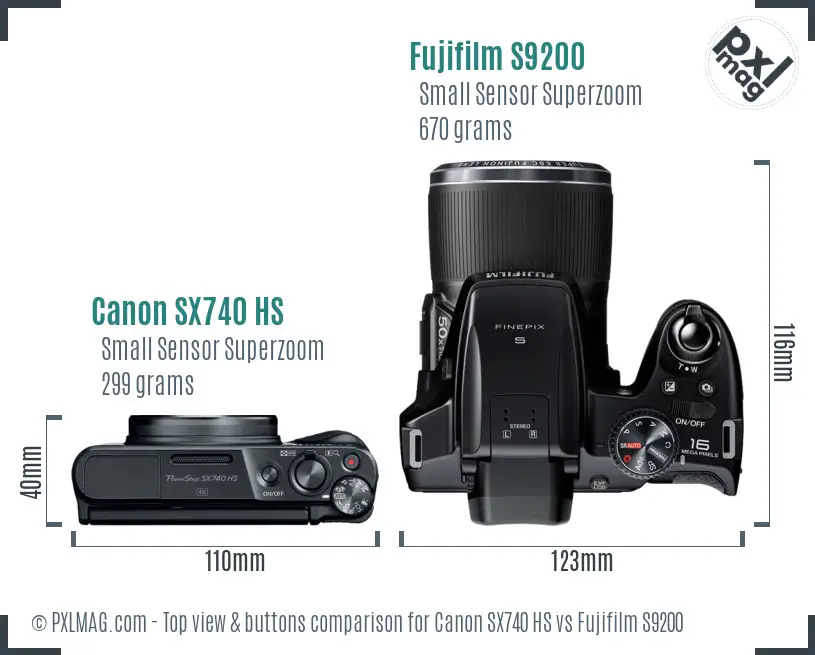 Canon SX740 HS vs Fujifilm S9200 top view buttons comparison