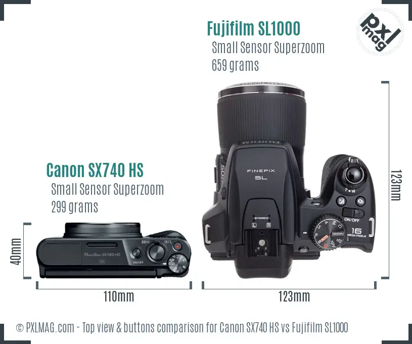 Canon SX740 HS vs Fujifilm SL1000 top view buttons comparison