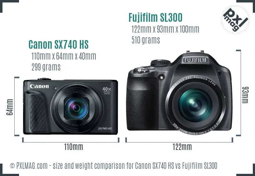 Canon SX740 HS vs Fujifilm SL300 size comparison