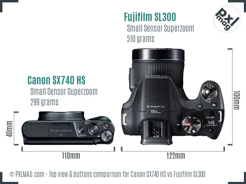 Canon SX740 HS vs Fujifilm SL300 top view buttons comparison