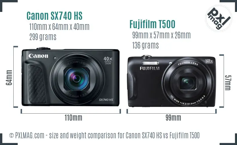 Canon SX740 HS vs Fujifilm T500 size comparison