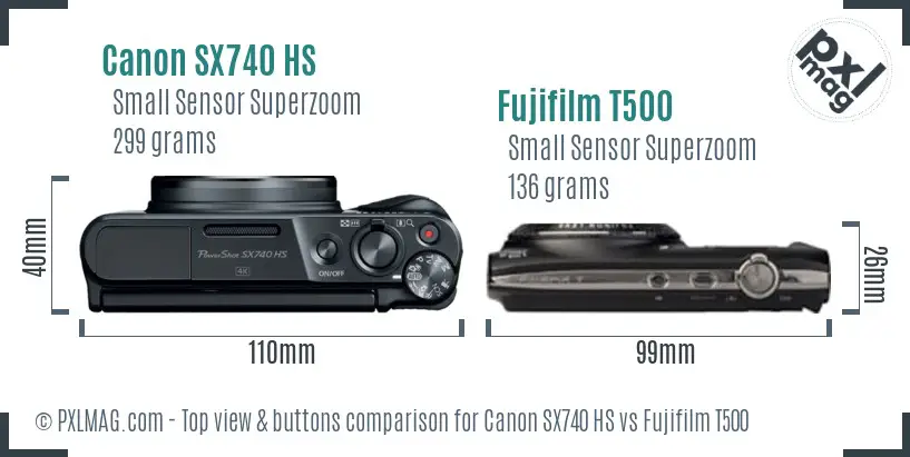 Canon SX740 HS vs Fujifilm T500 top view buttons comparison