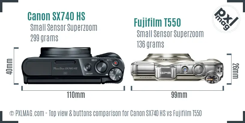Canon SX740 HS vs Fujifilm T550 top view buttons comparison