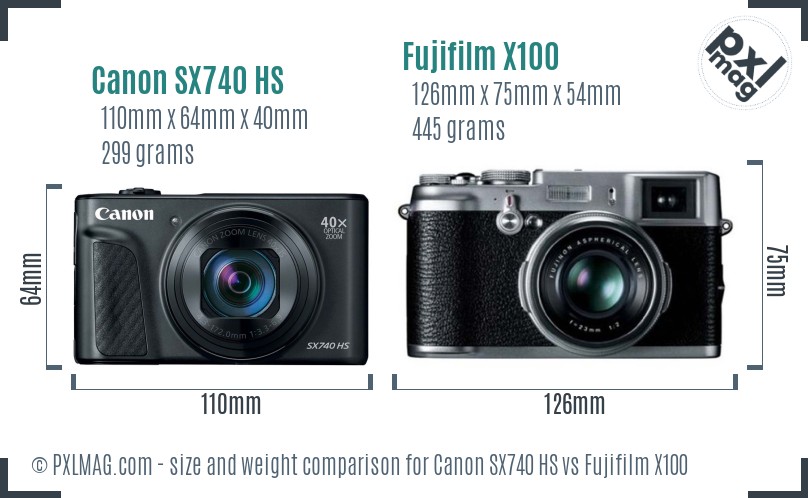 Canon SX740 HS vs Fujifilm X100 size comparison