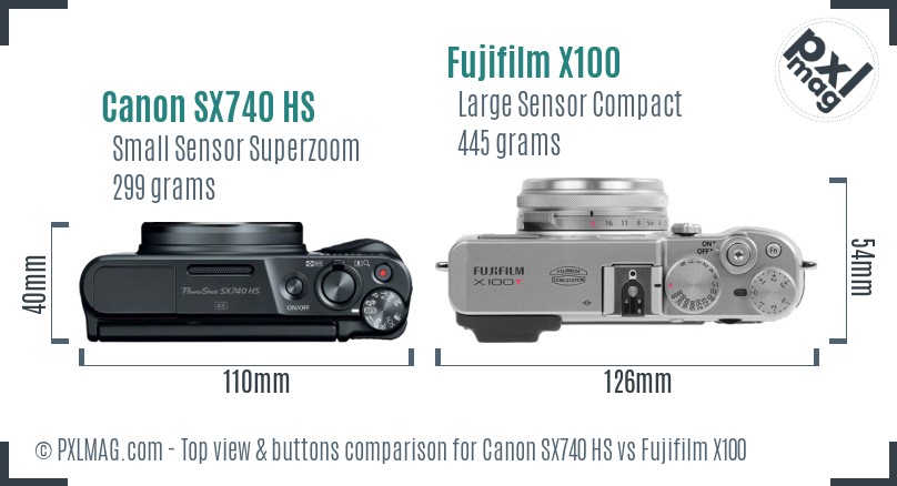 Canon SX740 HS vs Fujifilm X100 top view buttons comparison