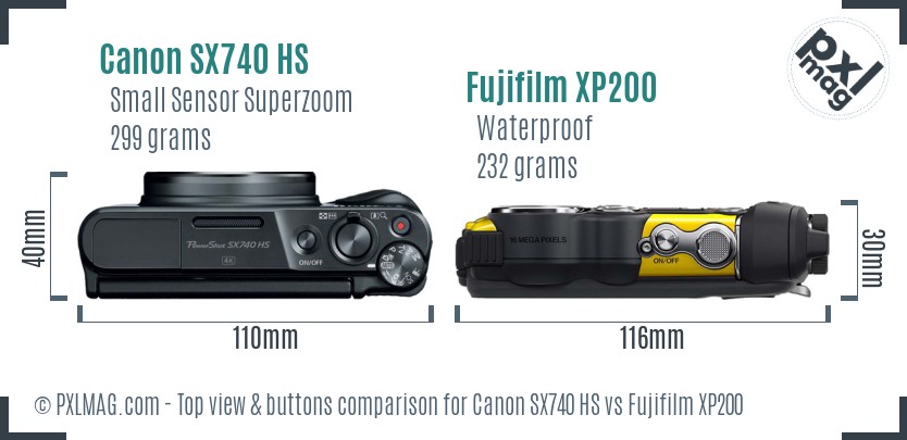 Canon SX740 HS vs Fujifilm XP200 top view buttons comparison