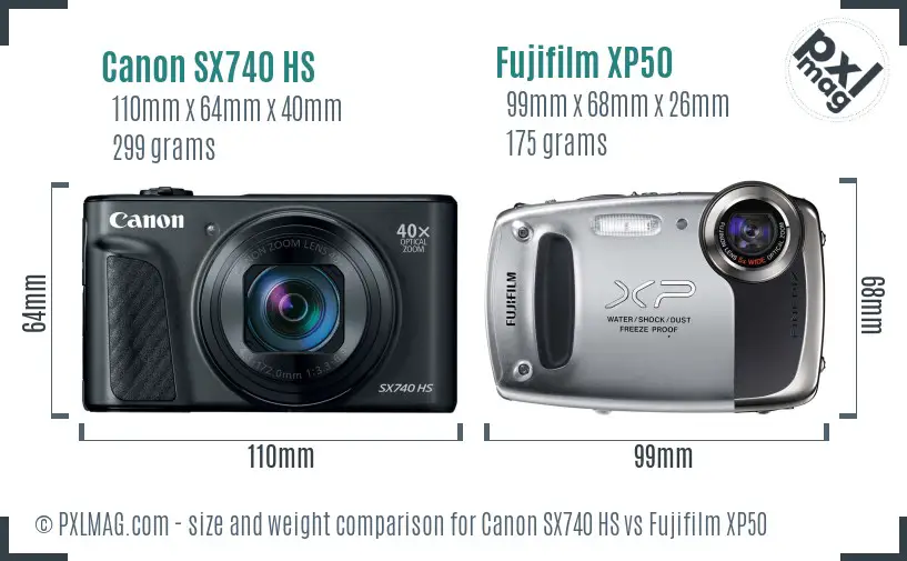 Canon SX740 HS vs Fujifilm XP50 size comparison