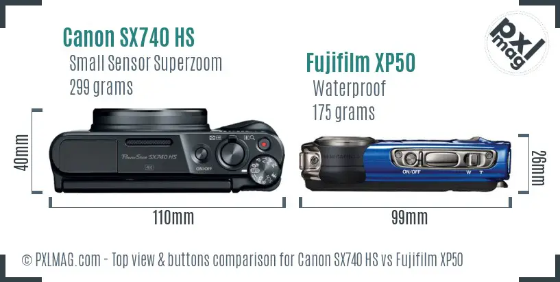 Canon SX740 HS vs Fujifilm XP50 top view buttons comparison