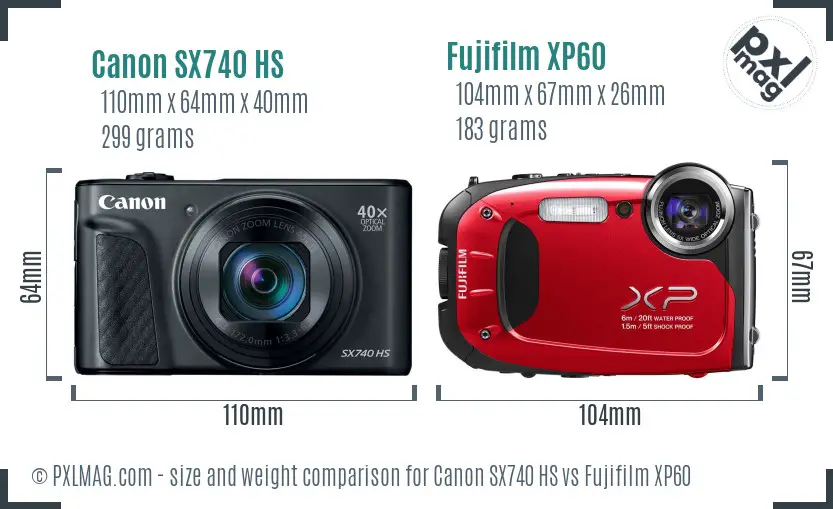Canon SX740 HS vs Fujifilm XP60 size comparison