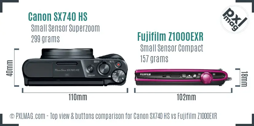 Canon SX740 HS vs Fujifilm Z1000EXR top view buttons comparison Canon SX740 HS vs Fujifilm Z1000EXR top view buttons comparison