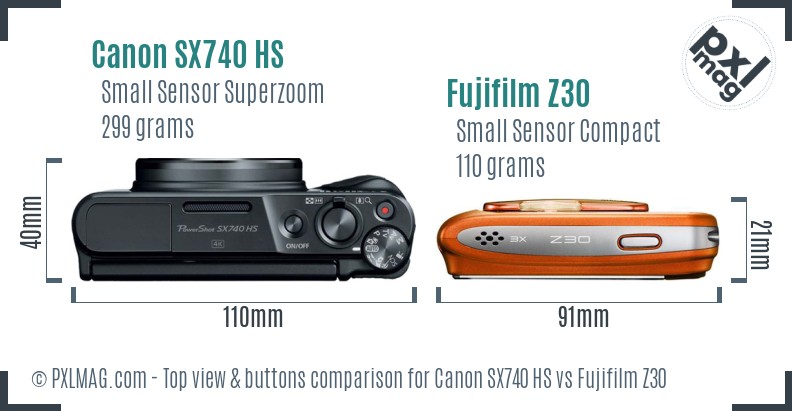 Canon SX740 HS vs Fujifilm Z30 top view buttons comparison