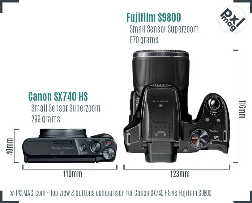 Canon SX740 HS vs Fujifilm S9800 top view buttons comparison