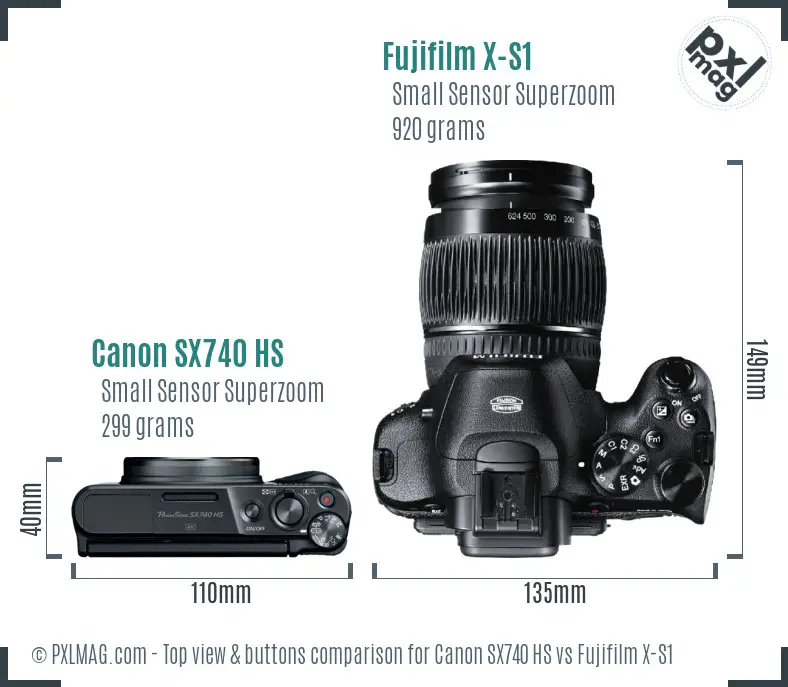 Canon SX740 HS vs Fujifilm X-S1 top view buttons comparison