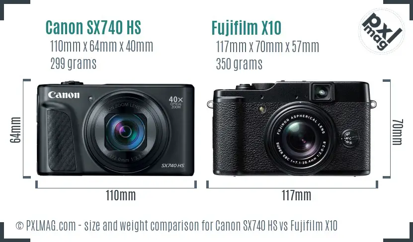 Canon SX740 HS vs Fujifilm X10 size comparison