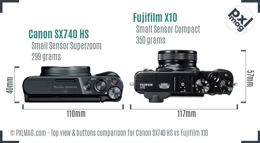 Canon SX740 HS vs Fujifilm X10 top view buttons comparison