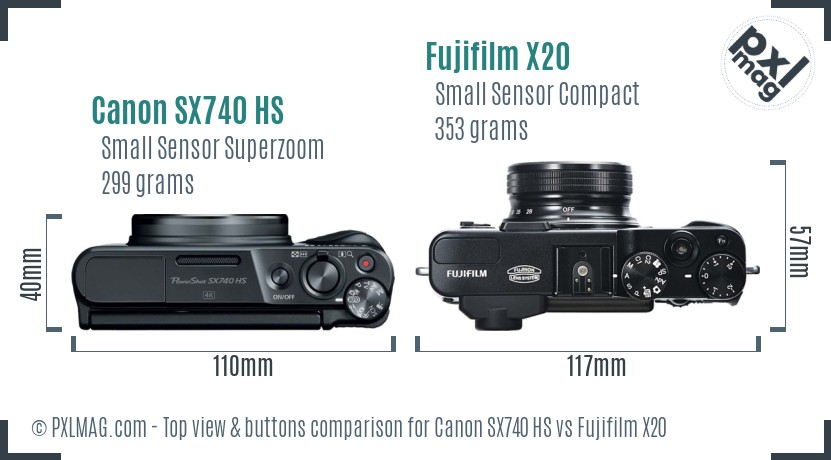 Canon SX740 HS vs Fujifilm X20 top view buttons comparison