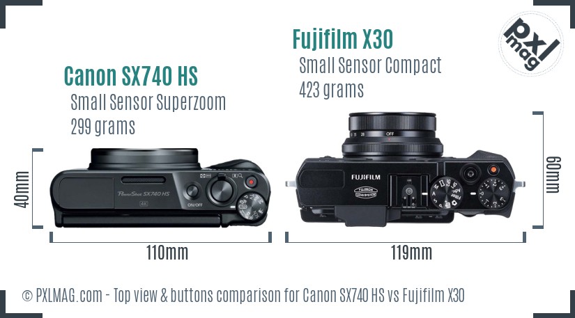 Canon SX740 HS vs Fujifilm X30 top view buttons comparison