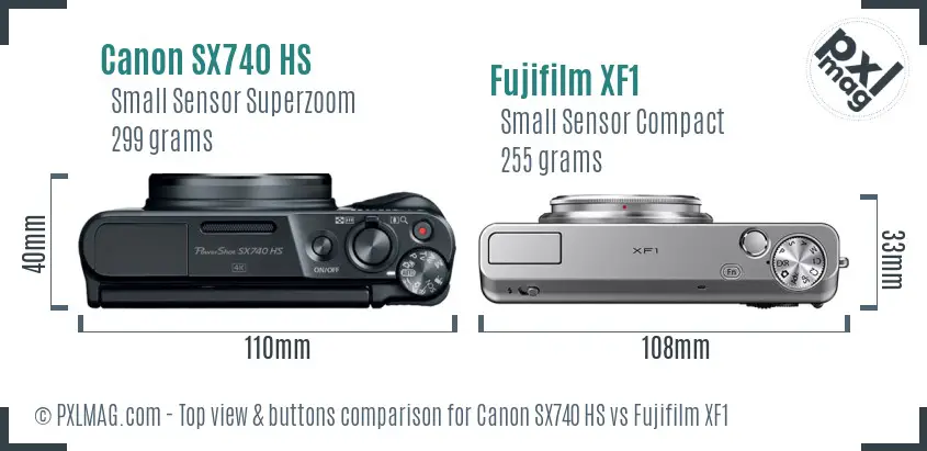 Canon SX740 HS vs Fujifilm XF1 top view buttons comparison Canon SX740 HS vs Fujifilm XF1 top view buttons comparison