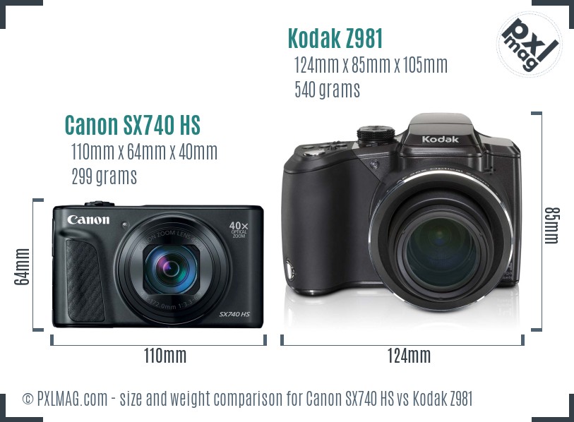 Canon SX740 HS vs Kodak Z981 size comparison