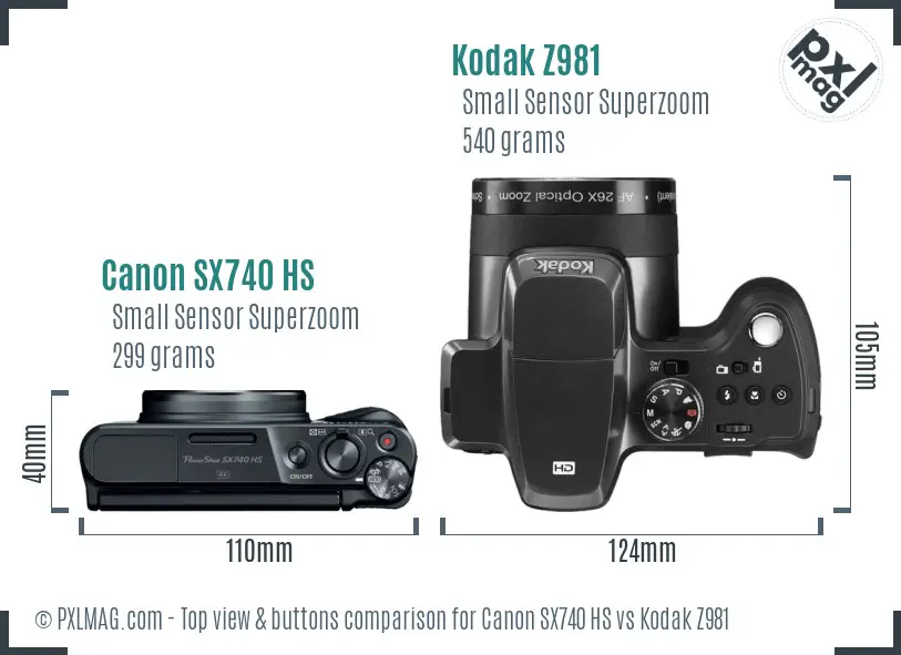 Canon SX740 HS vs Kodak Z981 top view buttons comparison