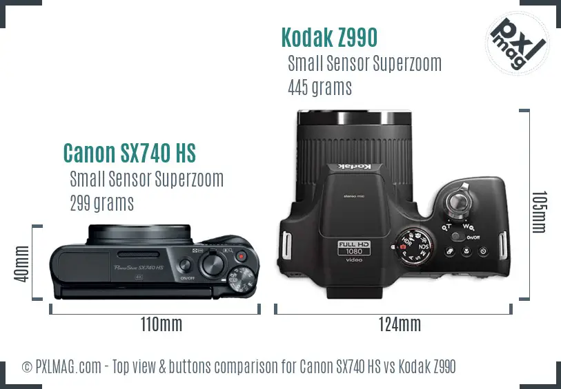 Canon SX740 HS vs Kodak Z990 top view buttons comparison