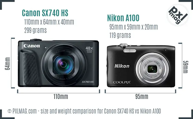 Canon SX740 HS vs Nikon A100 size comparison