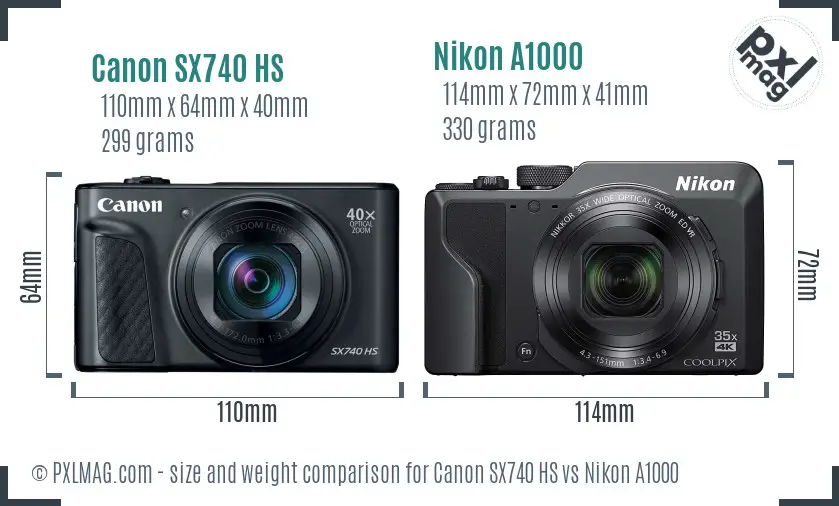 Canon SX740 HS vs Nikon A1000 size comparison