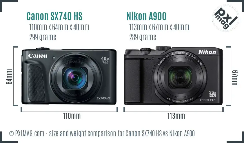 Canon SX740 HS vs Nikon A900 size comparison