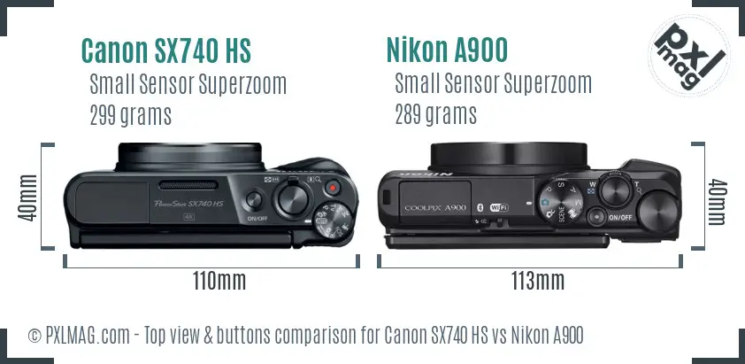 Canon SX740 HS vs Nikon A900 top view buttons comparison