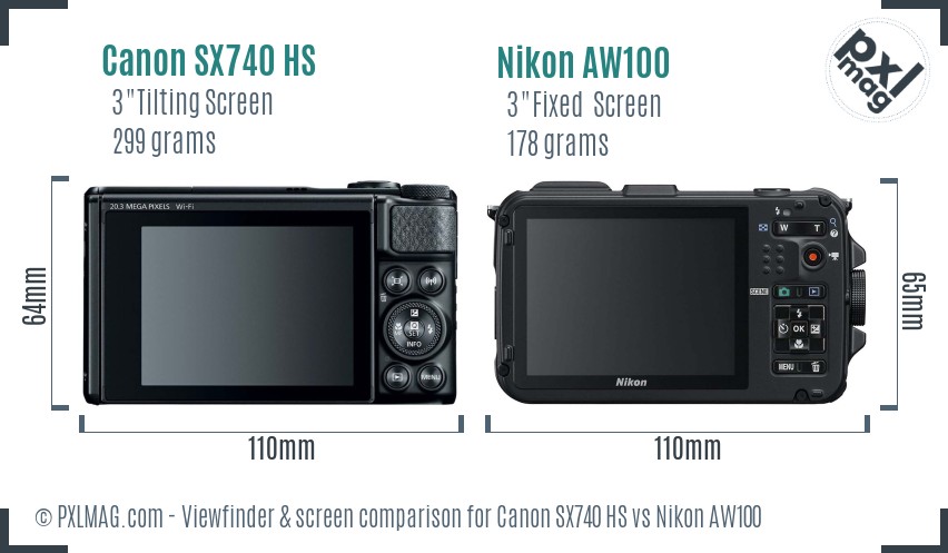 Canon SX740 HS vs Nikon AW100 Screen and Viewfinder comparison