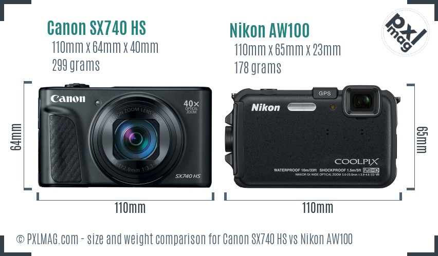 Canon SX740 HS vs Nikon AW100 size comparison Canon SX740 HS vs Nikon AW100 size comparison