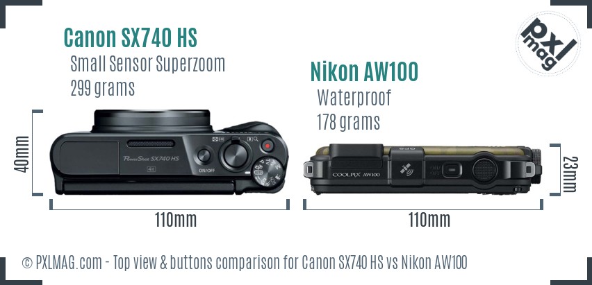 Canon SX740 HS vs Nikon AW100 top view buttons comparison