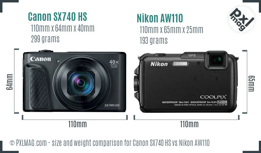 Canon SX740 HS vs Nikon AW110 size comparison