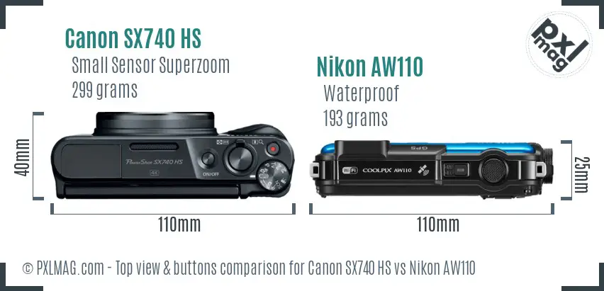 Canon SX740 HS vs Nikon AW110 top view buttons comparison