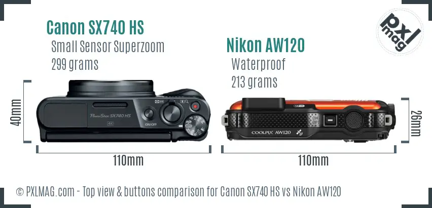 Canon SX740 HS vs Nikon AW120 top view buttons comparison Canon SX740 HS vs Nikon AW120 top view buttons comparison