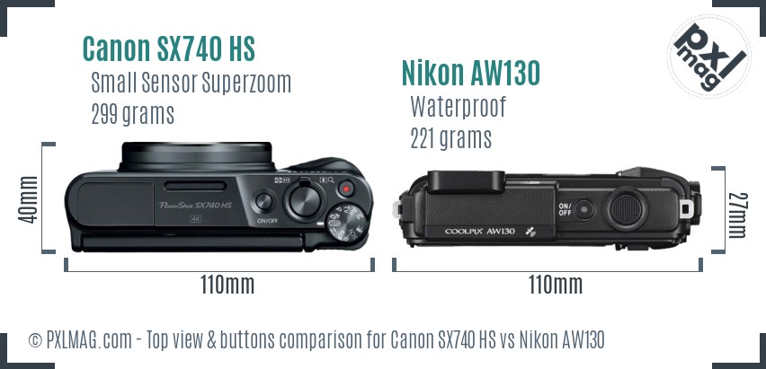Canon SX740 HS vs Nikon AW130 top view buttons comparison