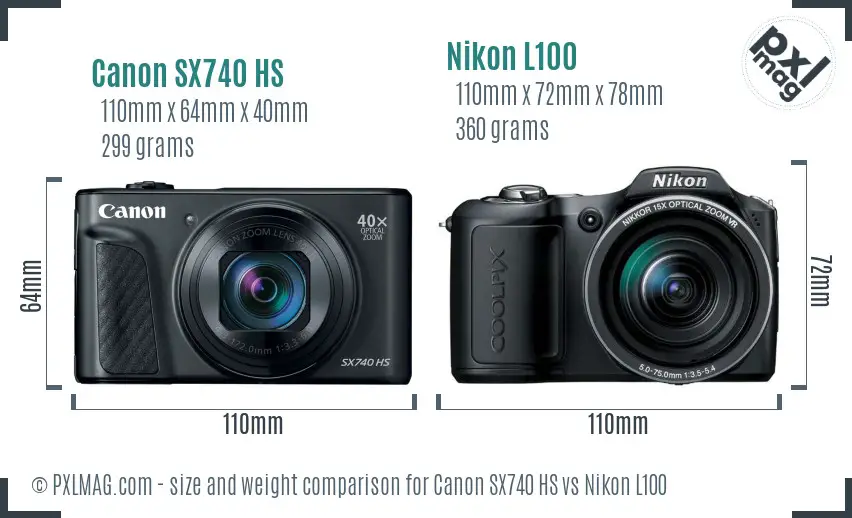 Canon SX740 HS vs Nikon L100 size comparison