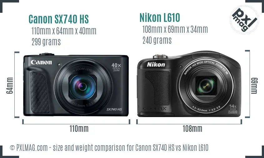 Canon SX740 HS vs Nikon L610 size comparison