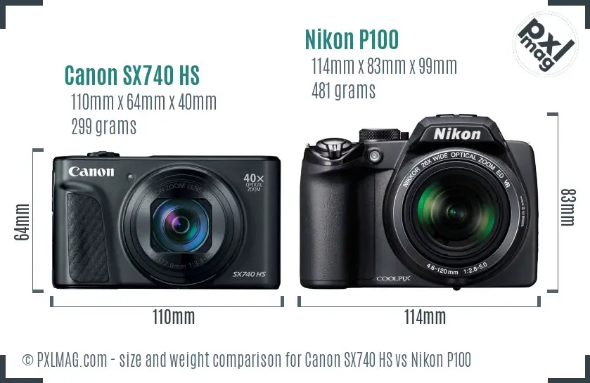 Canon SX740 HS vs Nikon P100 size comparison