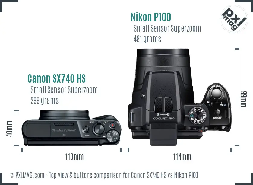 Canon SX740 HS vs Nikon P100 top view buttons comparison