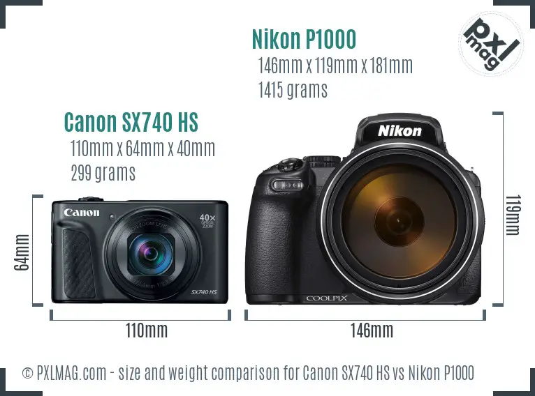 Canon SX740 HS vs Nikon P1000 size comparison